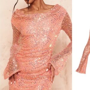 Pretty Little Thing Coral Orange Sequin cowl neck Dress 4